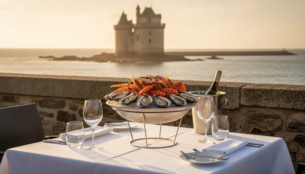Restaurant La Cale Solidor à Saint-Malo : fruits de mer face à la tour